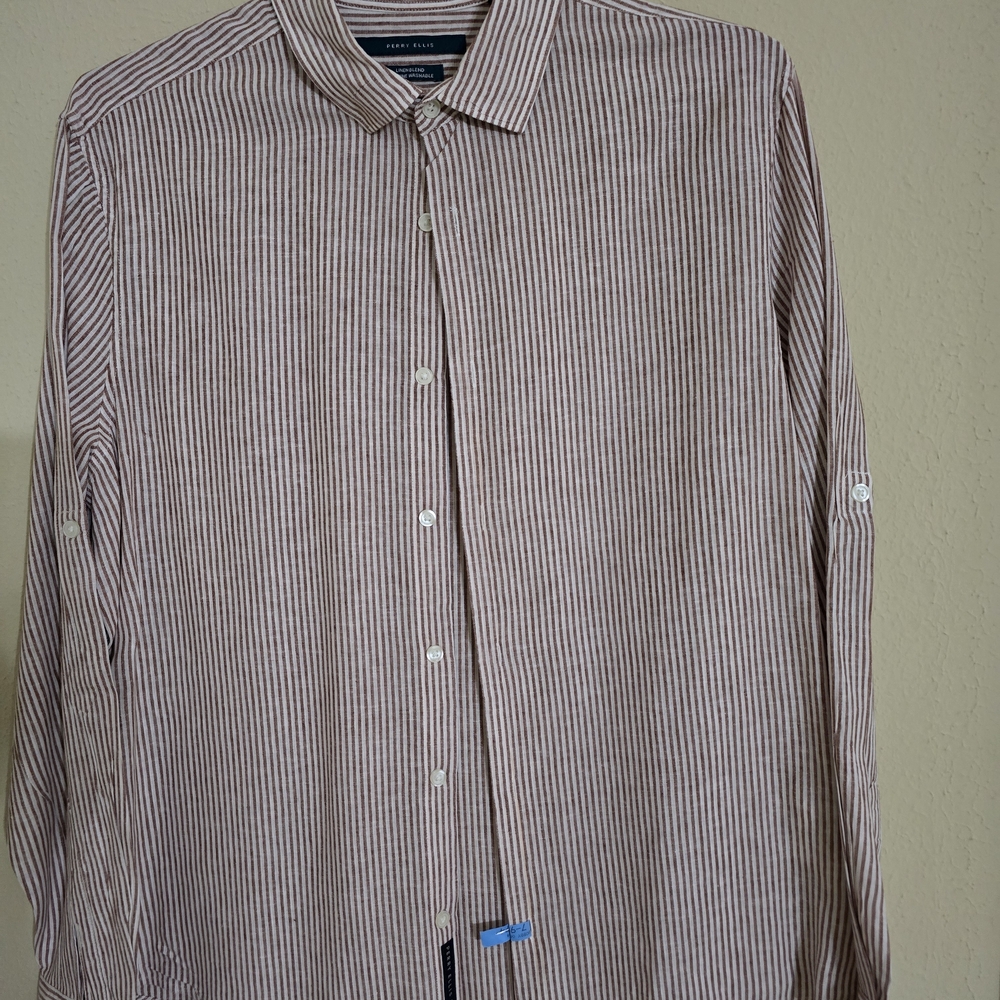 Perry Ellis Brown and White Striped Casual Shirt